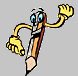 Animated pencil character with blue eyes and yellow hands in four alternating poses against gray background.