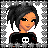 Pixel art buddy icon featuring a cartoon character with black hair and orange skin wearing a black shirt with white skull, surrounded by star-shaped border on gray background with green text.
