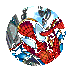 Three circular pixelated images of a red and blue figure in dynamic pose against abstract background, each with distinct border treatment.