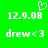 Green background with white pixelated text and a heart symbol above the date, showing two identical frames of '12.9.08' and 'drew<3'.