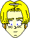 Pixel art avatar with yellow hair and light skin showing four sequential facial expressions against a gray background.