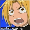Pixelated anime-style character with blonde hair and wide eyes, mouth open in shock against a blue background with text reading "WE'RE OUT OF SPORKS!".