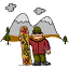 A snowboarder in a red jacket and green pants holds a floral-patterned board against a mountain backdrop with clouds, trees, and changing hand gestures.