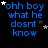 Blue text on black background with white and gray stars, displaying 'ohh boy what he dosnt know' in pixelated font