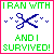 Pixel art icon with green text 'IRAN WITH' and blue text 'AND I SURVIVED!' surrounding a central scissors graphic, bordered by pink frame.