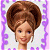A 50x50 pixel buddy icon featuring a cartoon-style doll with brown hair in an updo, set against a purple and white patterned background on the left side, paired with green text reading "Original Icons .com" on a dark green background on the right side.
