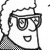 Pixelated grayscale cartoon face with large round glasses, a wide open mouth, and a checkered pattern on the left shoulder.