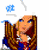 Pixelated cartoon-style animated buddy icon featuring a female character with long brown hair, blue eyes, and red lips in three sequential frames showing different poses and clothing details.