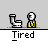 Animated contact sheet of 16 frames showing a yellow stick figure character performing various actions with toilet and sink props, labeled "Tired" under each frame.