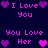 Pixelated text and heart symbols in pink and purple hues on a dark blue background, arranged in repeating patterns.