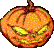 Two pairs of orange pumpkins with brown stems, one pair showing carved grinning faces and the other pair blank, arranged in a on gray background
