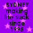 Purple background with pink stars and black text reading "SYDNEY making life suck since 1995" in two identical vertical