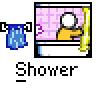 Animated contact sheet of 11 frames showing a yellow stick figure character in various shower scenes with changing background patterns and water effects.