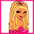 Pixel art contact sheet of a blonde female character in various poses with text elements, displayed on a gray background.