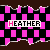 Animated sequence of a pink and black checkered background with torn edges, displaying the name 'HEATHER' in white text on each frame.