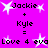 Pixelated text and star graphics on a bright pink background with repeated 'Jackie + Kyle = Love 4 eva' phrases.