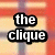 Pixelated text 'the clique' in white letters with black outlines on a blurred background of orange, beige, and purple horizontal stripes.