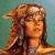 Pixelated image of a person with long brown hair against a teal background, wearing dark clothing.
