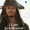 Jack Sparrow character with long dark hair and tricorn hat, text 'I Love Jack Sparrow' below, blue heart symbol in top-right corner.
