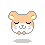 Pixelated hamster face with closed eyes, peach ears and cheeks, white muzzle, pink blush marks, and small orange feet on gray background.