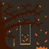 Pixel art depicting a dark tree with brown branches and orange leaves falling against a gray background, featuring a swing hanging from one branch.
