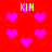Red background with scattered pink hearts and yellow text reading 'KIM' in multiple positions.