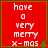 Red square with green border displays white text 'have a very merry x-mas' and a small green tree icon, with one version showing a slightly different tree shape.