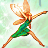 Pixelated fairy figure in dynamic pose with outstretched limbs, wearing green dress and orange wings against light background.