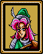 Pixel art portrait of a character with pink hair, green hat, and gray armor in six sequential expressions within framed