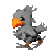 A 4-frame pixel art animation of a gray bird with an orange beak and brown feet in various running poses on a transparent background.