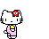Pixelated white cat with red flower bow, pink dress, yellow chest patch; three poses on gray background with blue 'HELLO' text.