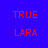 Red text 'TRUE' and 'LARA' on blue backgrounds with pixelated transitions between frames.