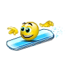 Animated yellow emoji face on blue snowboard with arms raised, showing sequential motion frames of the character's expression and hand positions.