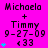 A bright pink background displays repeated text and symbols in black, cyan, and blue. The central content shows 'Michaela + Timmy' with date and symbol variations across three of identical layout