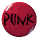 Red circular icons with glossy finish display text variations: 'PUNK' in black and white fonts, 'girls kick ass' in black and white fonts