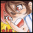Pixelated anime-style character with brown hair and red eyes, wearing a blue and white striped shirt, next to black background with white text.