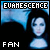 Pixelated image with 'EVANESCE' text at top, 'FAN' text at bottom, and a central figure against blue background.
