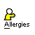 Yellow figure with white head extends right arm; text "Allergies" below. Green particle effects appear and fade in sequence.