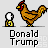 Pixelated chicken with red comb and yellow beak stands next to small white-and-yellow figure, text 'Donald Trump' below, on light gray background.