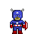 Pixelated character in blue and red costume with white star on chest, holding red and white shield, standing against gray background.