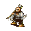 Pixel art character in three poses: standing with staff, swinging axe mid-action, and crouching with shovel.