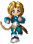 Pixel art character animation with four distinct poses showing movement, featuring a blonde-haired figure in blue and white attire holding gray spherical objects.
