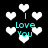 Black background with white pixelated hearts and cyan text reading "I Love You" in four positions, hearts animate by changing size and position.