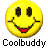 A 4x3 contact sheet of a yellow smiley face buddy icon in various animation frames showing rotation and expression changes, with "Coolbuddy" text below each frame.