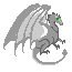 Pixelated gray dragon with green eyes, white wing accents, and a curled tail in four sequential poses showing tail movement.