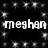 Black background with white pixelated text 'meghan meghan' repeated twice, surrounded by scattered star-like sparkles.