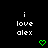 Pixelated text 'i love alex' appears above green heart and checkmark symbols on black background with gray corner element.