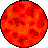 A circular pixelated icon with a gradient of red and orange hues, featuring darker red patterns resembling abstract shapes or symbols across its surface.