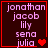 Four identical dark red square with pink text listing names and a single red heart symbol in the bottom-right corner of each