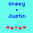 Two identical pixel art images side-by-side on cyan background with blue text 'linsey + Justin' and red/pink heart symbols below, differing only in heart animation sequence.